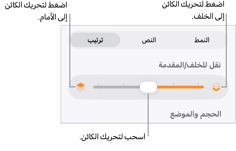 زر تحريك للخلف، وزر تحريك للأمام، وشريط تمرير الطبقة.