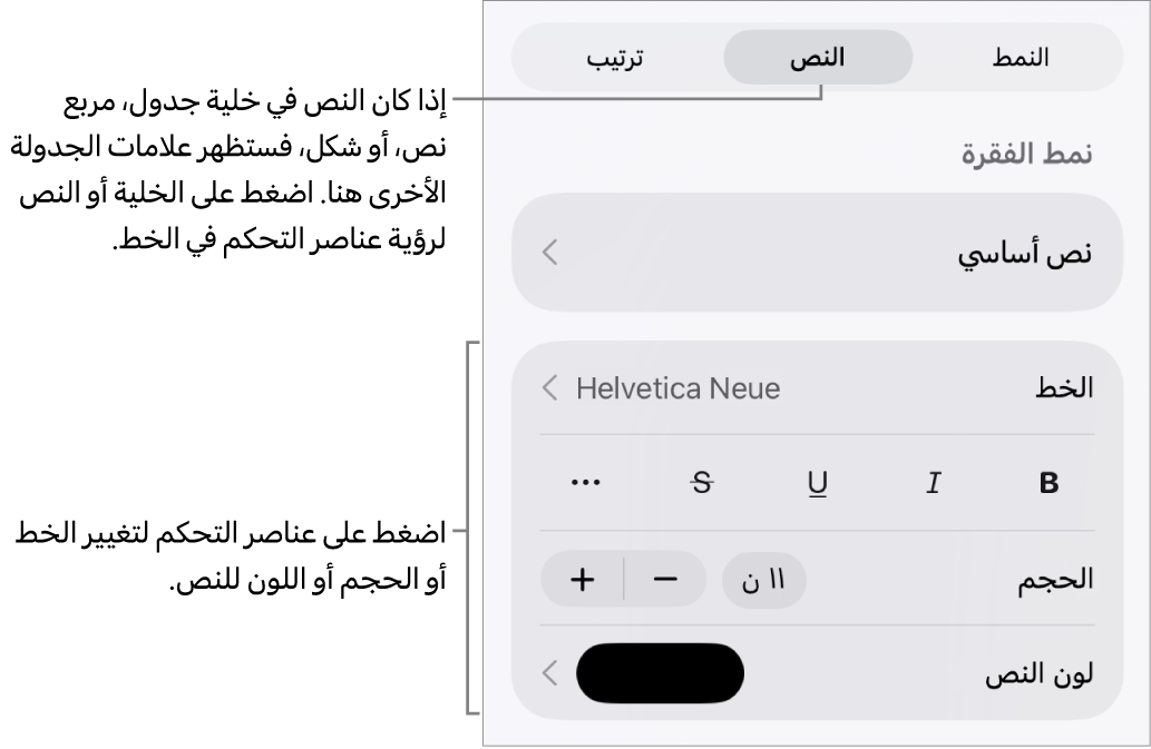 عناصر التحكم في النص في قائمة التنسيق لإعداد أنماط الأحرف والفقرات، والخط، والحجم، واللون.