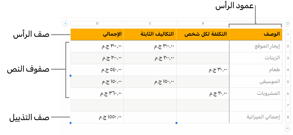 جدول يعرض صفوف وأعمدة الرأس، والمحتوى، والتذييل.