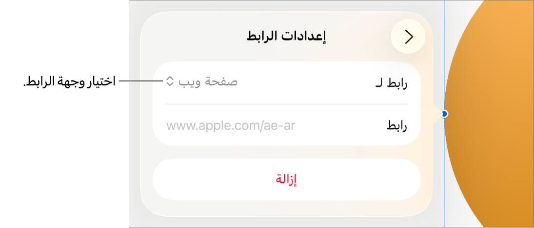 عناصر التحكم في إعدادات الرابط تعرض خيار صفحة الويب محددًا ويظهر زر إزالة في الأسفل.