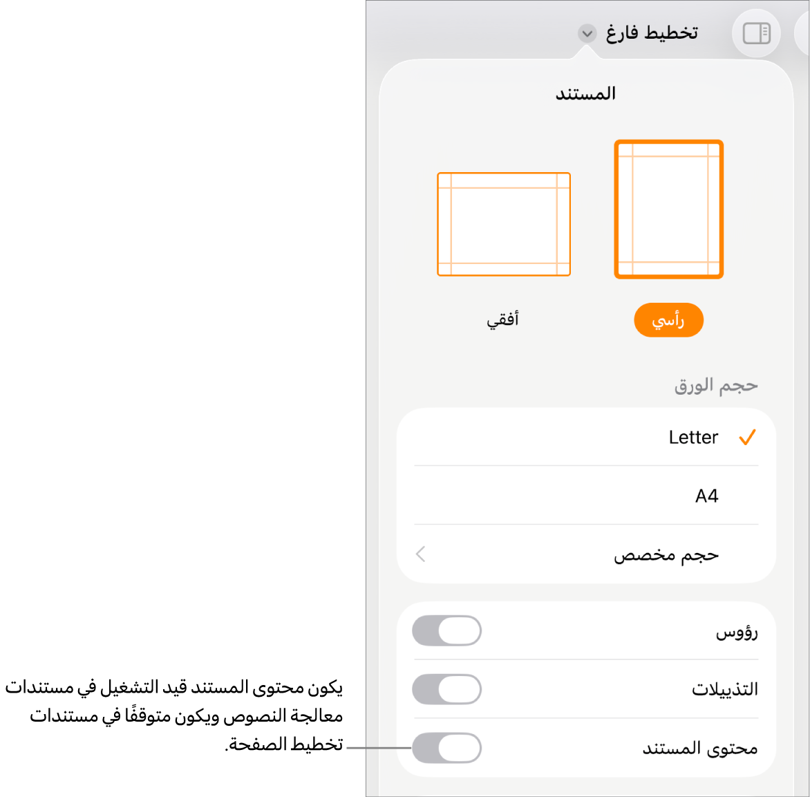 عناصر التحكم في تنسيق المستند ويظهر بها محتوى المستند قيد التشغيل بالقرب من الجزء السفلي من الشاشة.