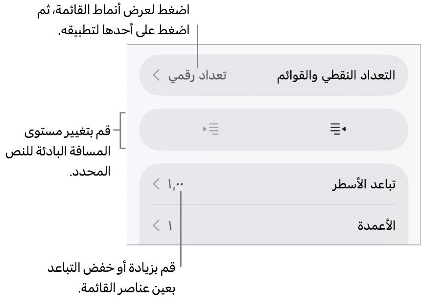 قسم التعداد النقطي والقوائم في عناصر التحكم في التنسيق مع وسائل شرح للتعداد النقطي والقوائم وزرا مسافة بادئة يسار ومسافة بادئة يمين وعناصر التحكم في تباعد الأسطر.