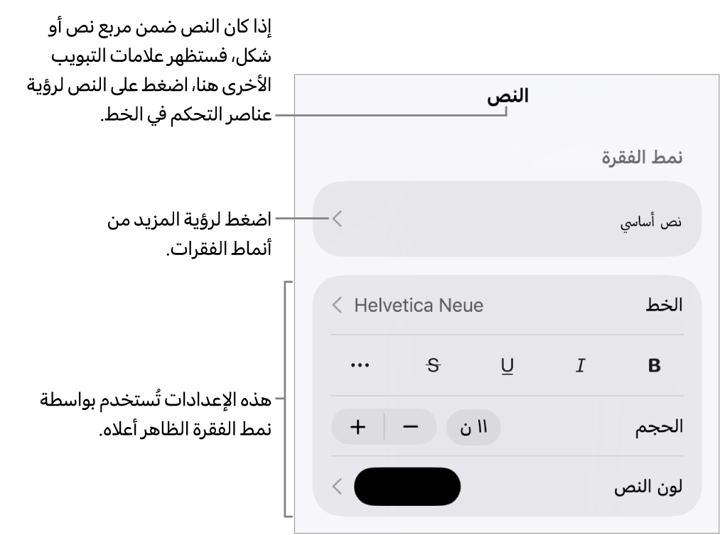 القائمة تنسيق تعرض عناصر التحكم في النص لإعداد أنماط الأحرف والفقرات والخط والحجم واللون.