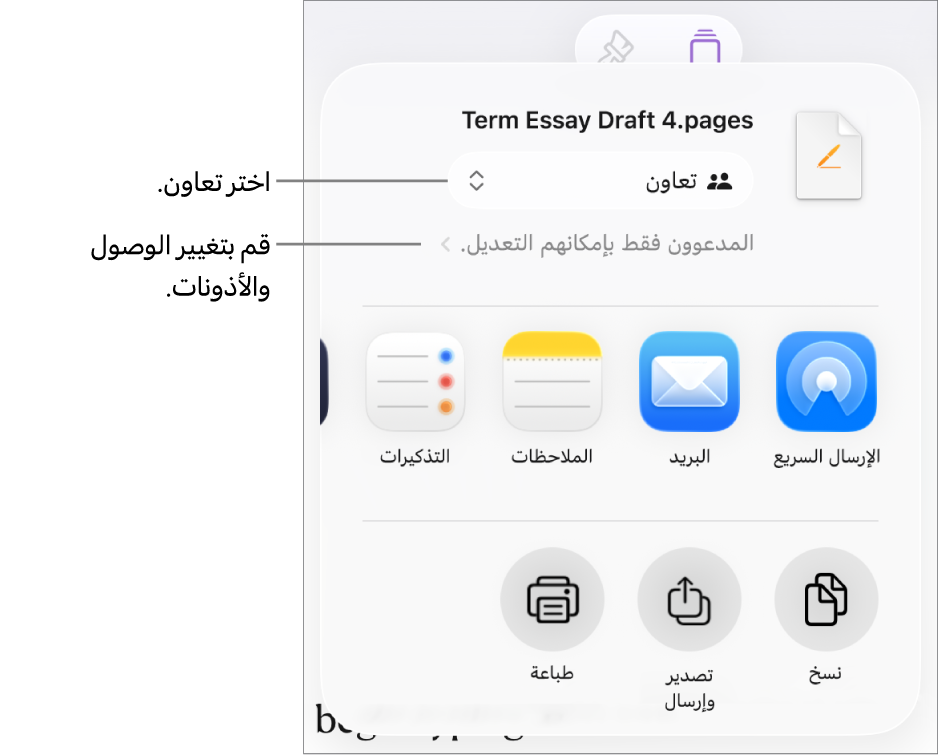 القائمة مشاركة حيث يظهر بها الخيار تعاون محددًا في الجزء العلوي، وإعدادات الوصول والأذونات في الجزء السفلي.