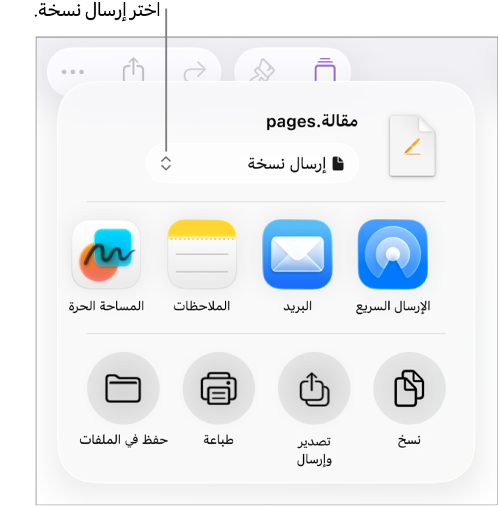 القائمة مشاركة حيث يظهر بها الخيار إرسال نسخة محددًا في الجزء العلوي.