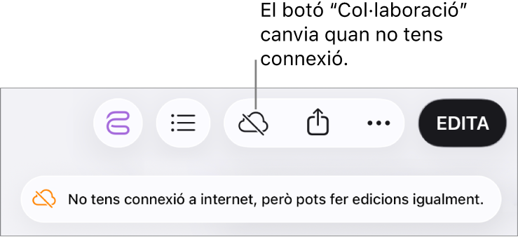 Una alerta a la pantalla amb el missatge “No tens connexió a internet, però pots fer edicions igualment”.