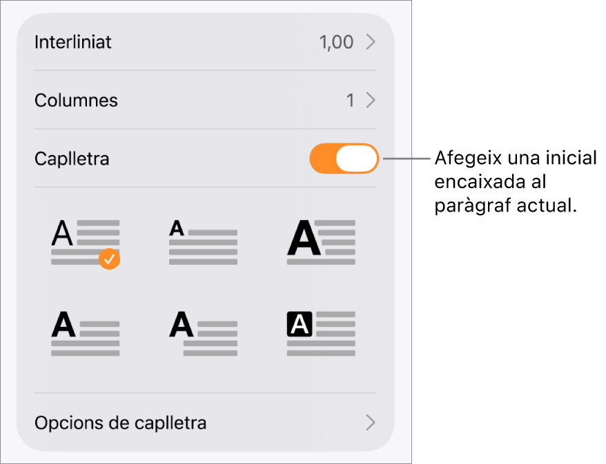Els controls de caplletra a la part inferior del menú “Text”.