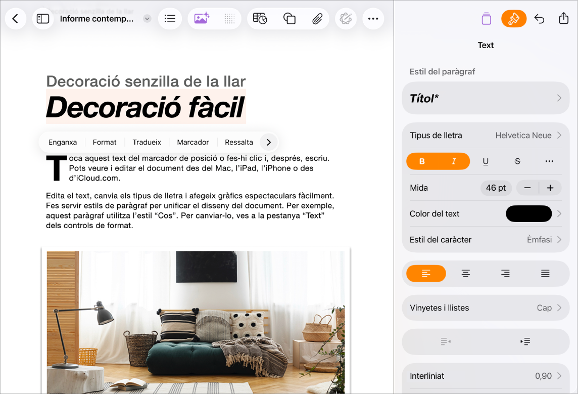 Document del Pages obert amb text seleccionat i les opcions de format de text obertes.