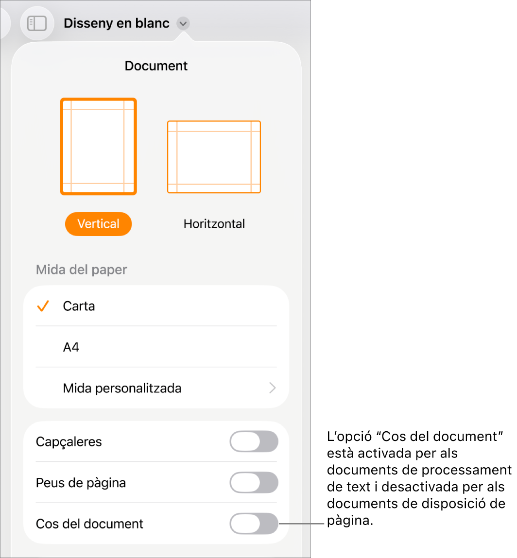 Els controls de “Format del document” amb l’opció “Cos del document” activada cap a la part inferior de la pantalla.