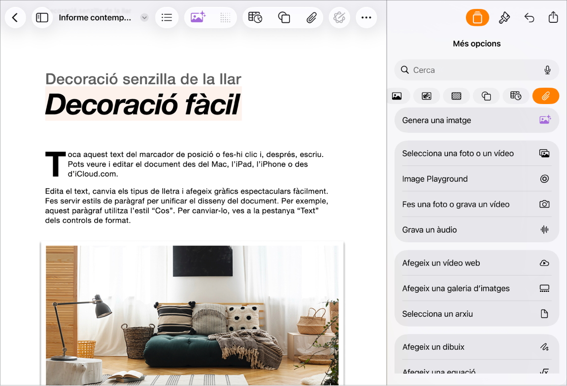Document del Pages obert amb el menú “Insereix” i el menú de contingut multimèdia oberts.
