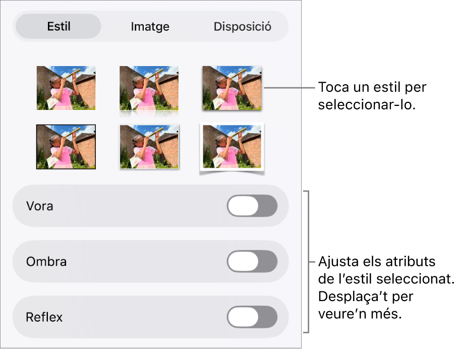 La pestanya Estil del menú Format amb estils d’objecte a la part superior i a sota, els controls per canviar la vora, ombra, reflex i opacitat.