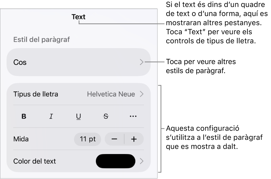El menú Format amb els controls de text per definir els estils de paràgraf i de caràcter, el tipus de lletra, la mida i el color.