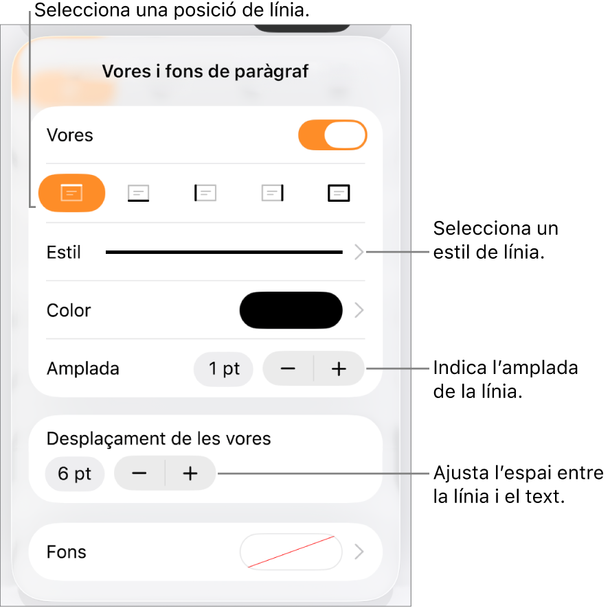 Controls per canviar l’estil, el gruix, la posició i el color de la línia.