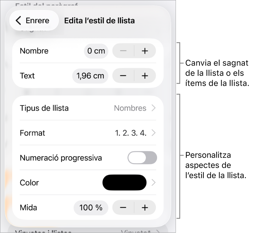 El menú “Edita l’estil de llista” en què es mostren els controls de l’espaiat de sagnat, tipus i format de la llista, numeració progressiva, color i mida de la llista i numeració contínua.