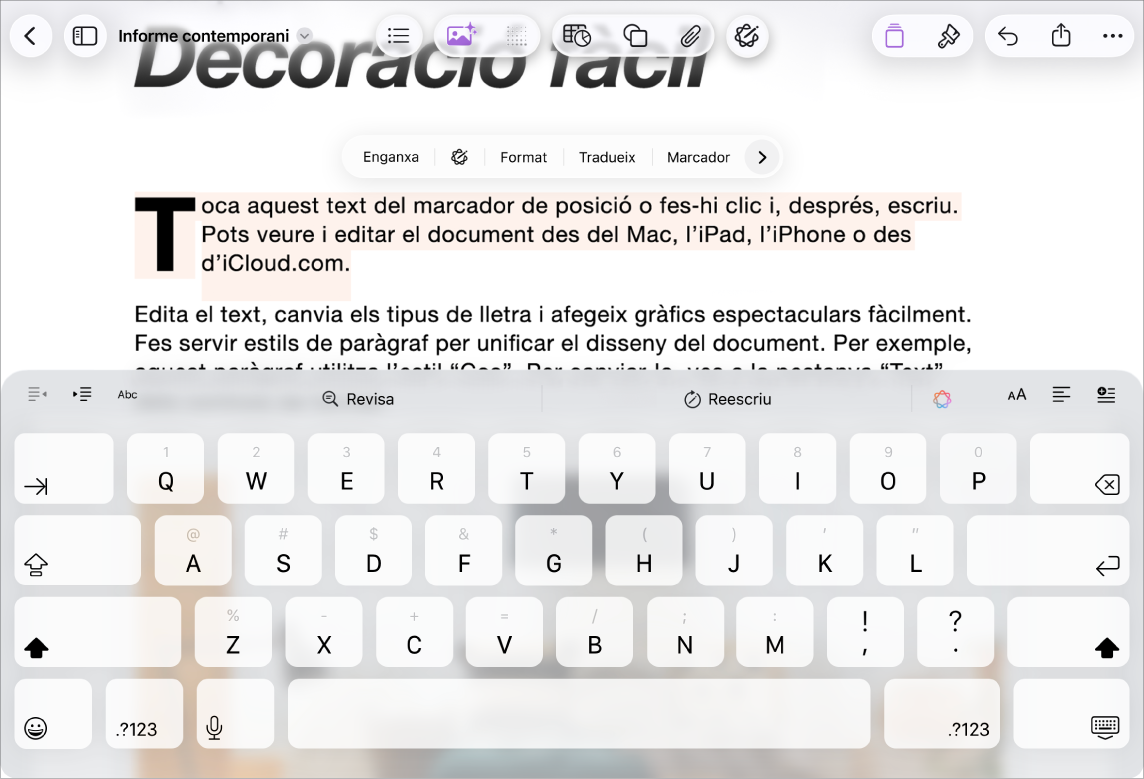 Document del Pages obert amb el text de marcador de posició seleccionat.
