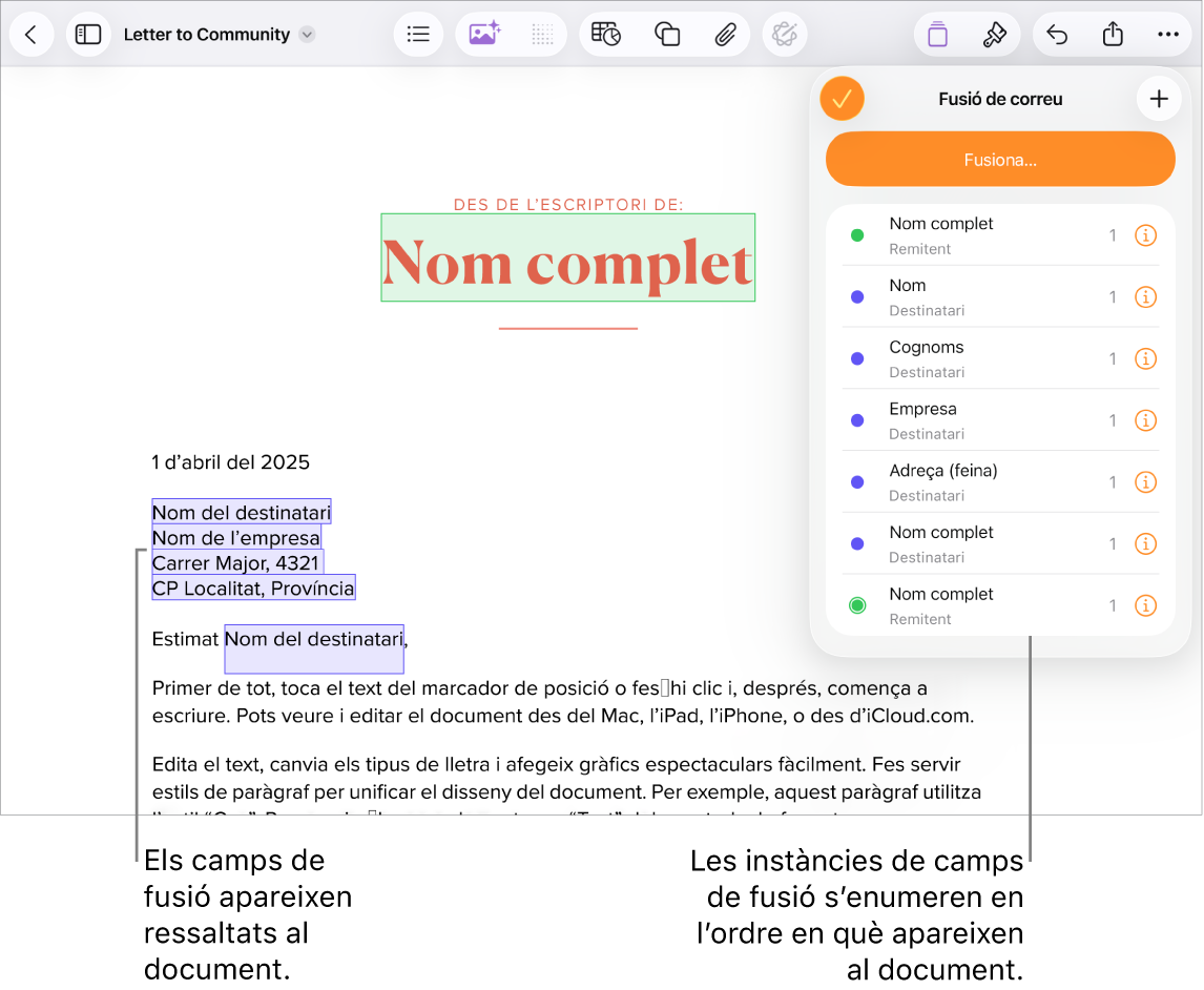 Un document del Pages en què els camps de fusió de l’adreça del destinatari ressalten el text de marcador de posició que se substituirà i les instàncies de camp de fusió enumerades al menú de fusió de correu.