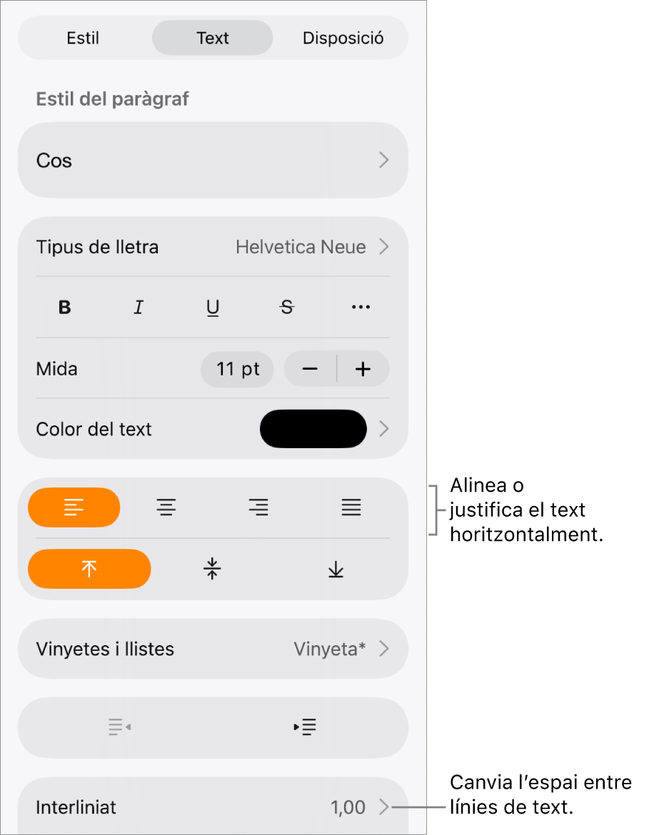 El botó “Controls de format” amb la pestanya Text seleccionada i llegendes per als botons d’alineació de text i a l’ítem de menú Interlineat.