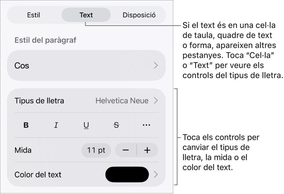 Controls de text al menú Format per definir els estils de paràgraf i de caràcter, el tipus de lletra, la mida i el color.