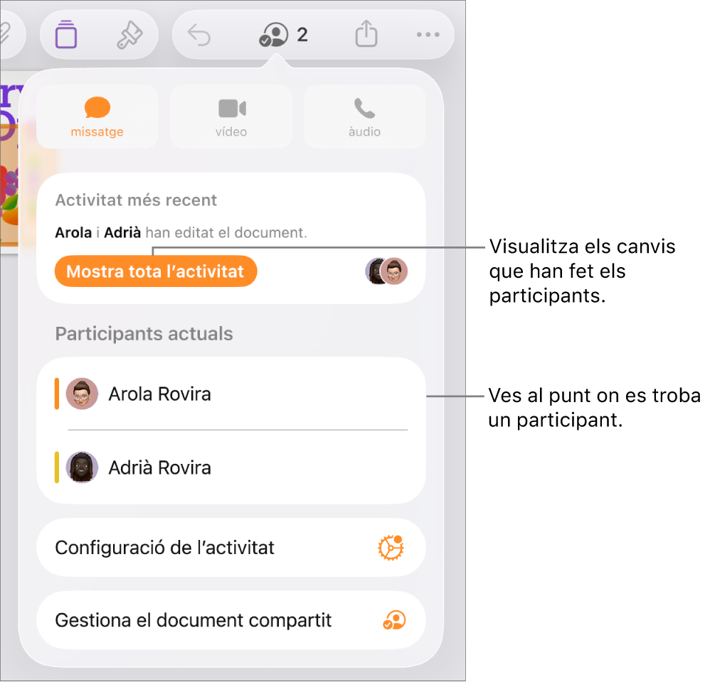 Menú de col·laboració amb una llista dels participants actuals.