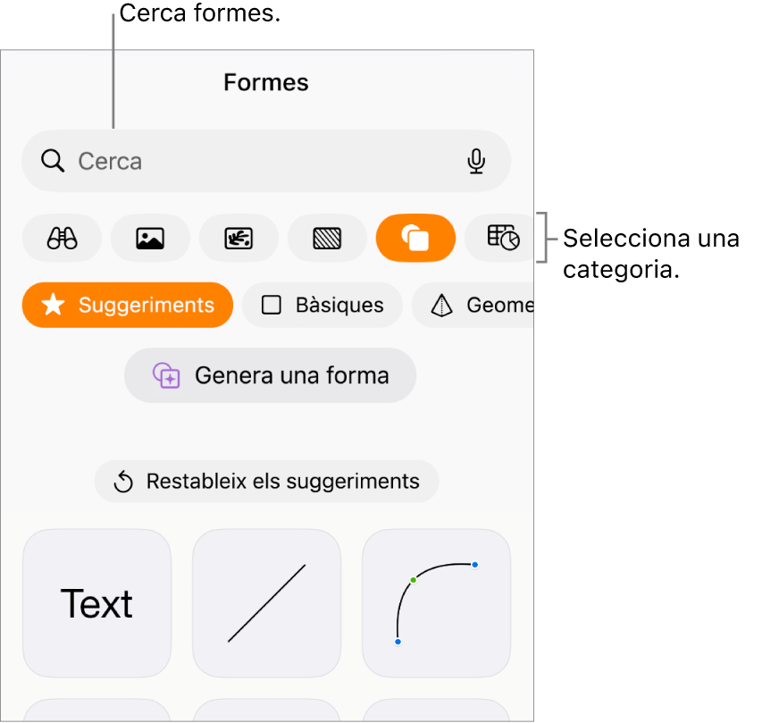 La biblioteca de formes, amb categories a la part superior i les formes a sota. Pots utilitzar el camp de cerca situat a la part superior per trobar formes i fer lliscar el dit per veure’n més.