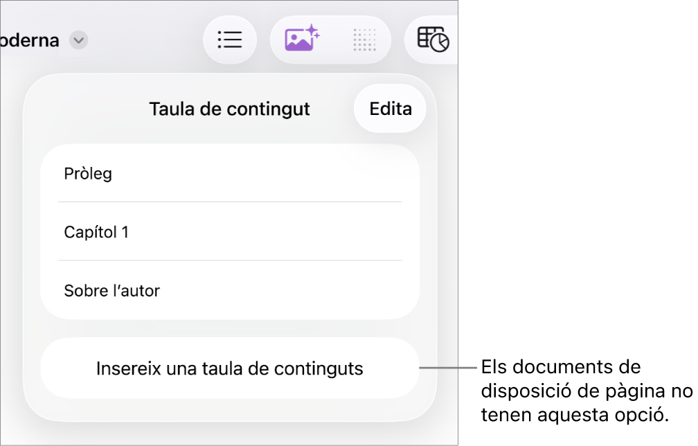 La vista “Taula de continguts” amb “Edita” a l’angle superior dret, entrades de la taula de continguts i el botó “Insereix una taula de continguts” a la part inferior.