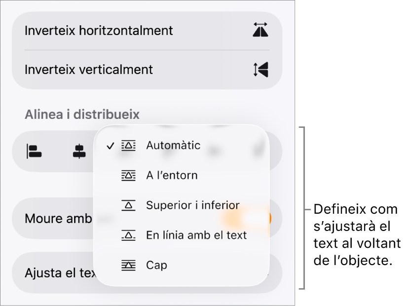 Els controls de format amb la pestanya “Organitza” seleccionada. A sota hi ha els controls de l’opció “Ajusta el text”, amb “Mou a sota/a sobre”, “Mou amb el text” i “Ajusta el text”.