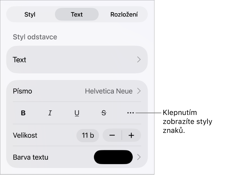 Ovládací prvky formátování – nahoře jsou styly odstavců, pod nimi následují ovládací prvky Písmo. Pod položkou Písmo jsou tlačítka Tučné, Kurzíva, Podtržené, Přeškrtnuté a Další textové volby