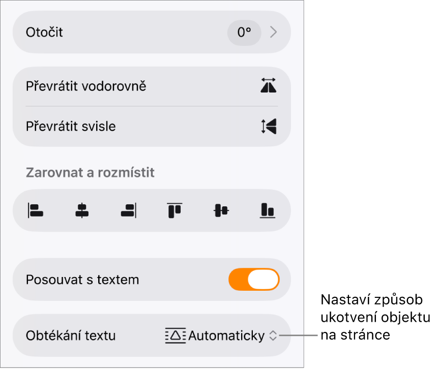 Ovládací prvky formátování s vybraným panelem Rozložení a s ovládacími prvky Přesunout na pozadí/do popředí, V textu a Obtékání textu