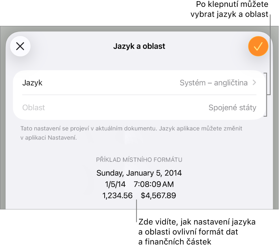 Panel Jazyk a oblast obsahující ovládací prvky pro jazyk a oblast a ukázku formátu, včetně data, času, desetinného oddělovače a měny.