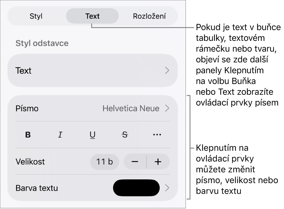 Ovládací prvky pro text v nabídce Formát pro nastavení stylů, písma, velikosti a barvy odstavce a znaků