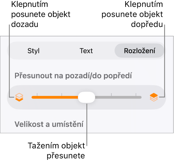 Tlačítko pro přesun vzad, tlačítko pro přesun vpřed a posuvník vrstev