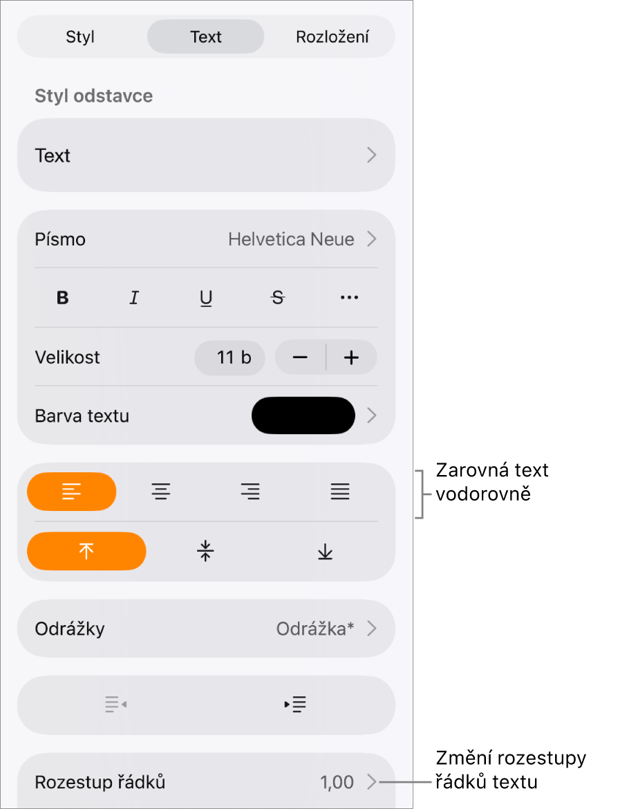 Ovládací prvky formátování s vybranou kartou Text; popisky označují tlačítka pro zarovnání textu a položku nabídky Řádkování
