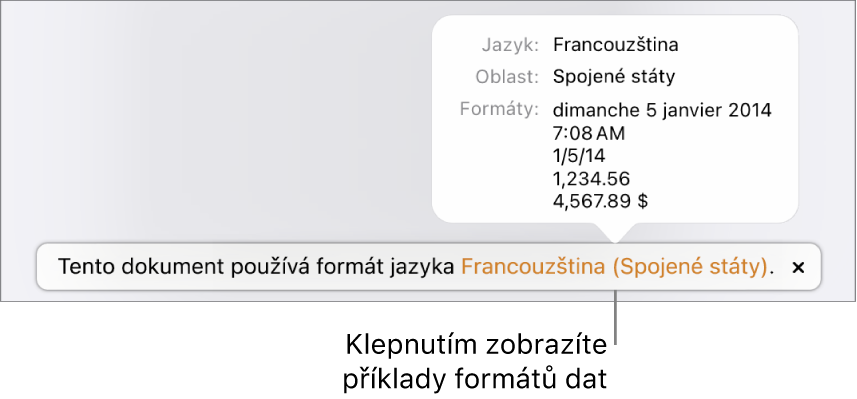 Upozornění na odlišné nastavení jazyka a oblasti s ukázkami formátování pro daný jazyk a oblast
