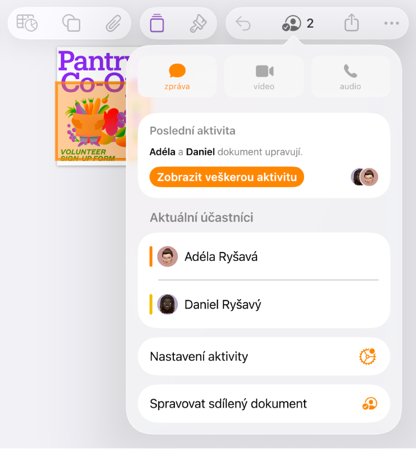 Nabídka spolupráce se zobrazenými jmény uživatelů, kteří na dokumentu spolupracují;