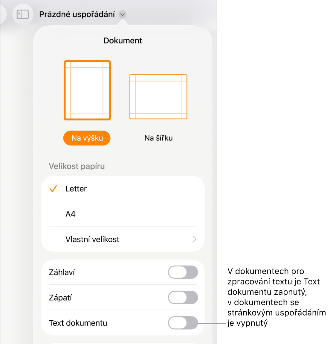 Ovládací prvky formátování se zapnutou volbou Text dokumentu u dolního okraje obrazovky