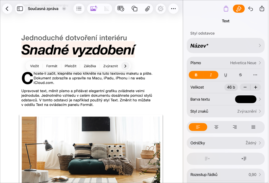 Otevřený dokument Pages s vybraným textem a otevřenými volbami pro formátování textu