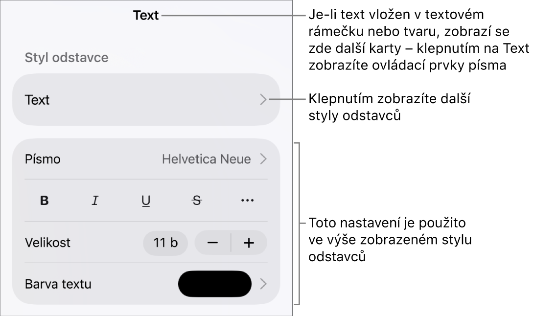 Ovládací prvky pro text v nabídce Formát pro nastavení stylů, písma, velikosti a barvy odstavce a znaků.