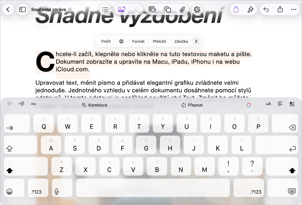 Otevřený dokument Pages s vybraným textem makety