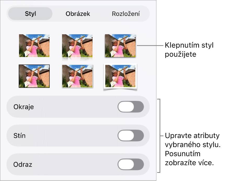Panel Styl v nabídce Formát se styly objektů u horního okraje. Pod nimi jsou ovládací prvky pro ohraničení, stín, odraz a neprůhlednost.