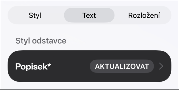 Styl odstavce Hlavní text s hvězdičkou; napravo je vidět tlačítko Aktualizovat