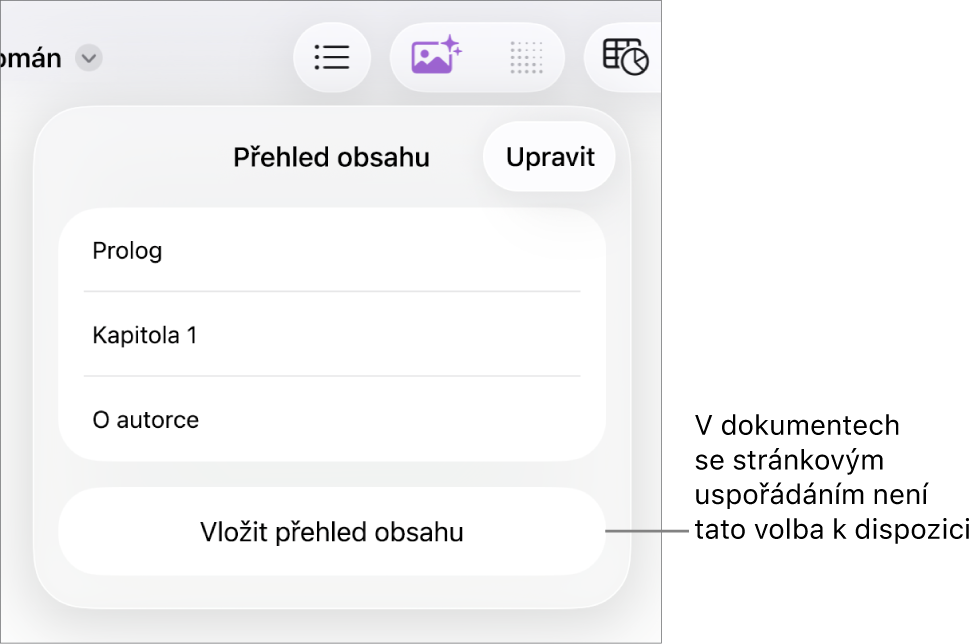 Zobrazení přehledu obsahu s jednotlivými položkami obsahu, s tlačítkem Upravit v pravém horním rohu a dole s tlačítkem Vložit přehled obsahu
