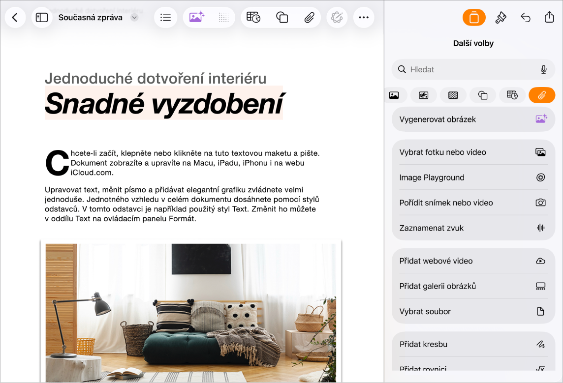 Otevřený dokument Pages se zobrazenou nabídkou Přidat a otevřenou nabídkou médií