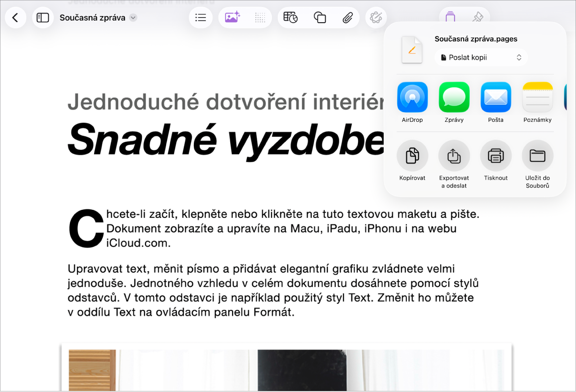 V pracovním dokumentu s otevřenými volbami pro Sdílení a Export