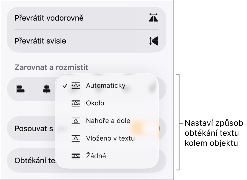 Ovládací prvky formátování s vybraným panelem Rozložení. Pod ním se nacházejí ovládací prvky Obtékání textu spolu s volbami Přesunout na pozadí/do popředí, V textu a Obtékání textu