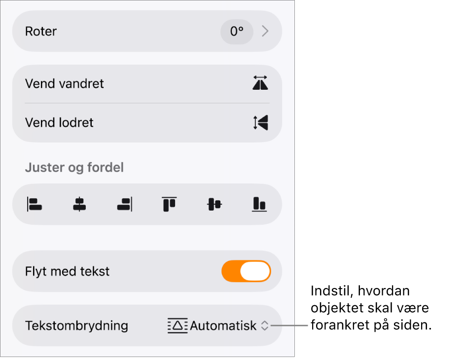 Betjeningsmulighederne til Format med fanen Arranger valgt og betjeningsmulighederne til Flyt bagved/foran, Flyt med tekst og Tekstombrydning.