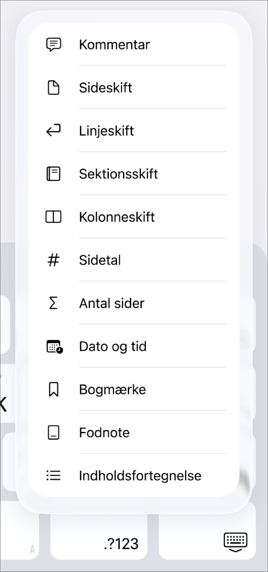 Genvejslinjen med betjeningsmulighederne til Indsæt åbne over knappen Indsæt.