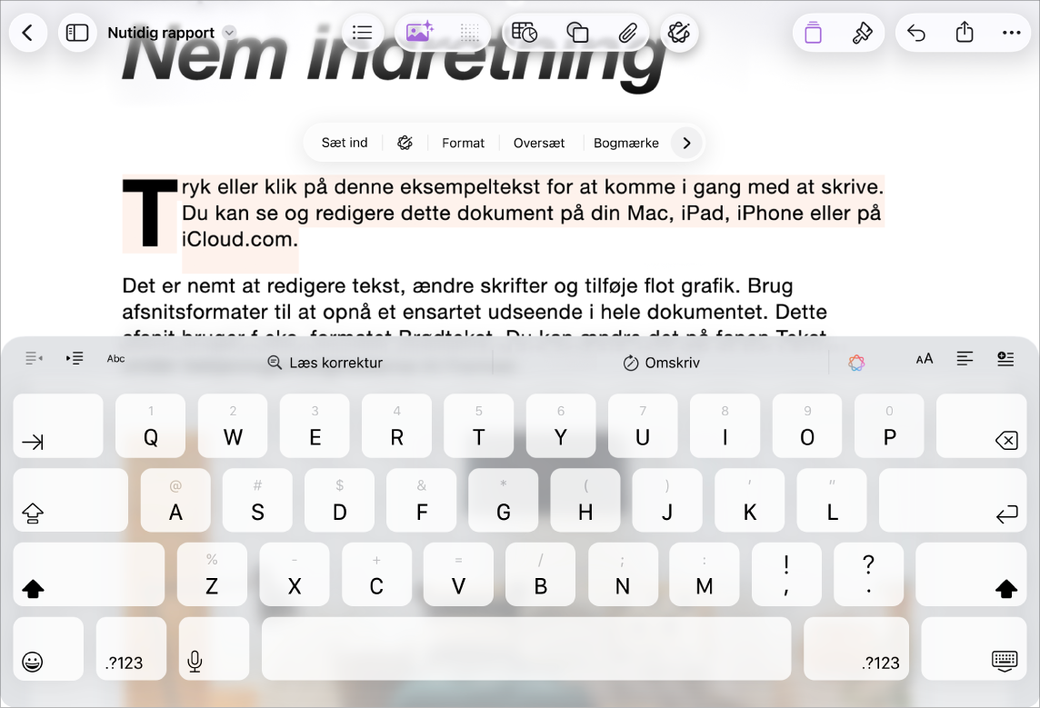 Et åbent Pages-dokument med valgt eksempeltekst.