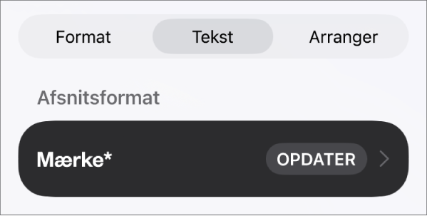 Afsnitsformatet Brødtekst med en stjerne og knappen Opdater til højre.