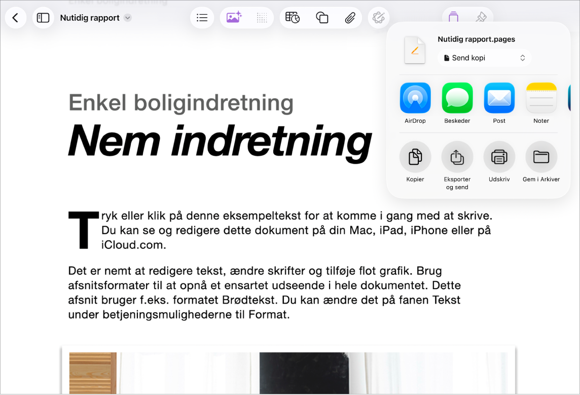 Et åbent dokument med, hvor mulighederne del og Eksporter er åbne.