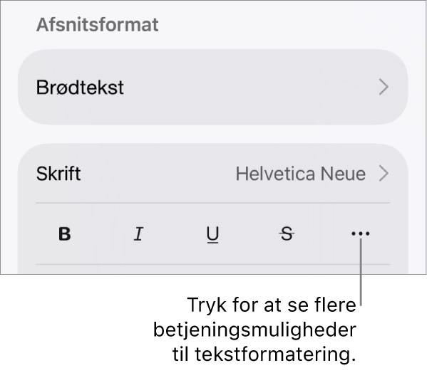 Fanen Tekst i betjeningsmulighederne til Format med en billedforklaring til knappen Flere tekstindstillinger.